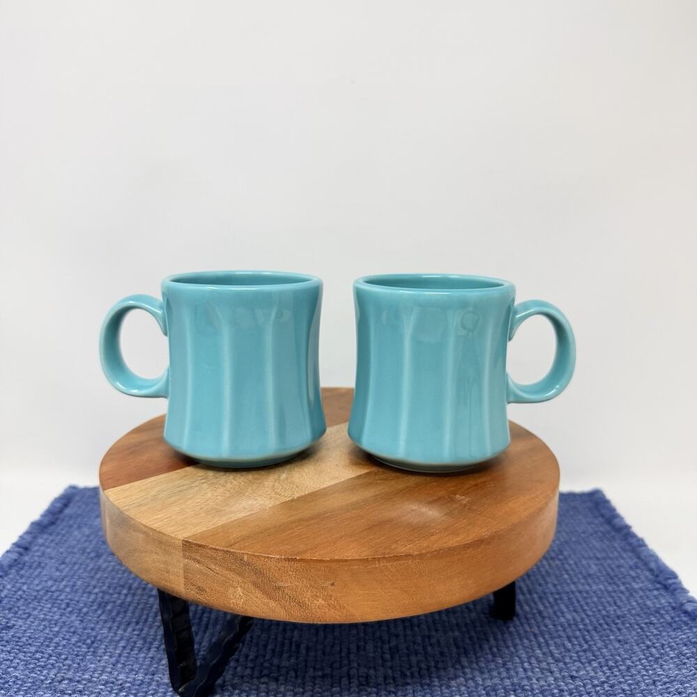 Vtg Homer Laughlin HLC USA ribbed restaurant mugs, turquoise Teal 3.5”, mint